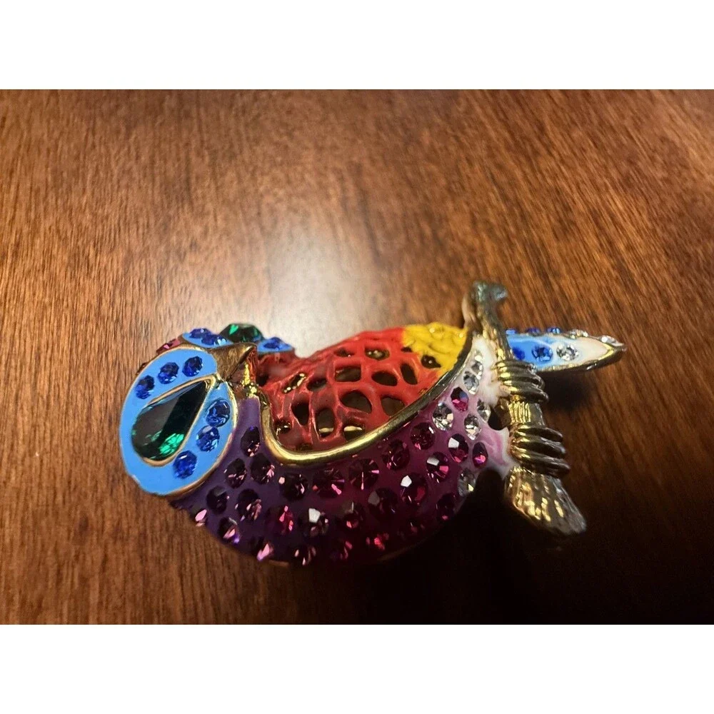 Vintage Rhinestone & Enamel Bird Owl Brooch Pin Vibrant Rainbow Color Gold-Tone
